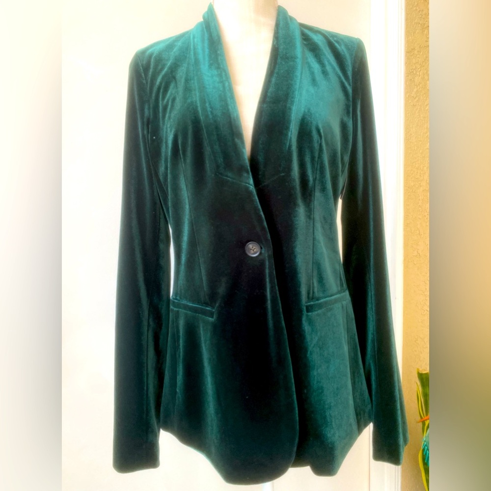 nwt green liquid velvet long line blazer floral poly lined sz. m tall